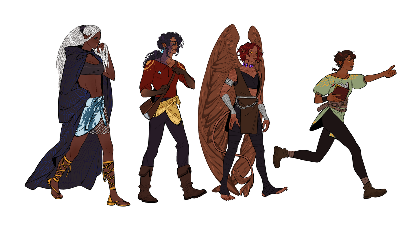 The quartet, from left to right: Palenisa, Wren, Asaru, and Rishé. They are all walking towards the right of the screen in poses that display their personalities.