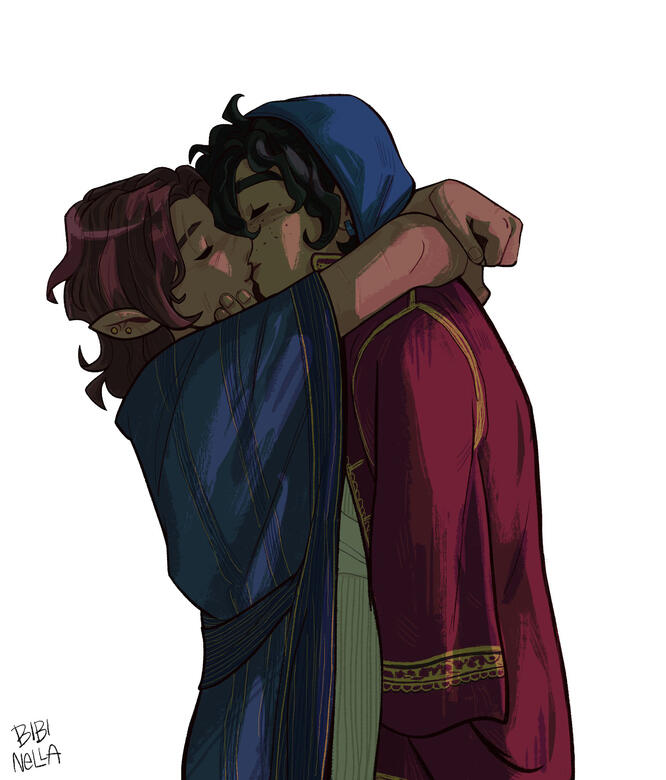 Upper body of Asaru and Wren kissing. Asaru has his arms slung over Wren's shoulders while Wren holds him by the face. Both are wearing flowing robe-like clothing, and Wren has a blue shawl over his hair.