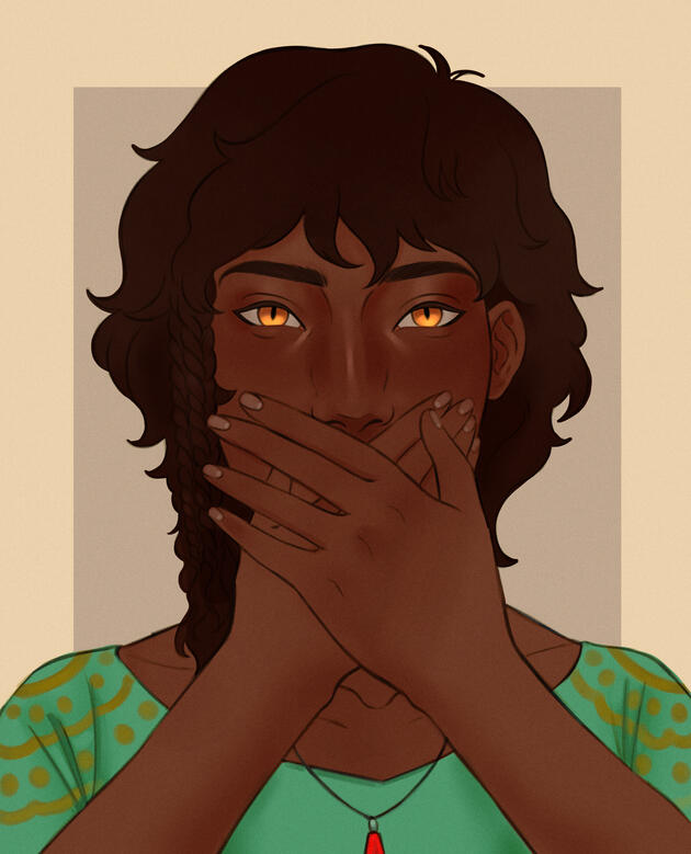 Rishé in the Speak No Evil pose, hands covering her mouth.
