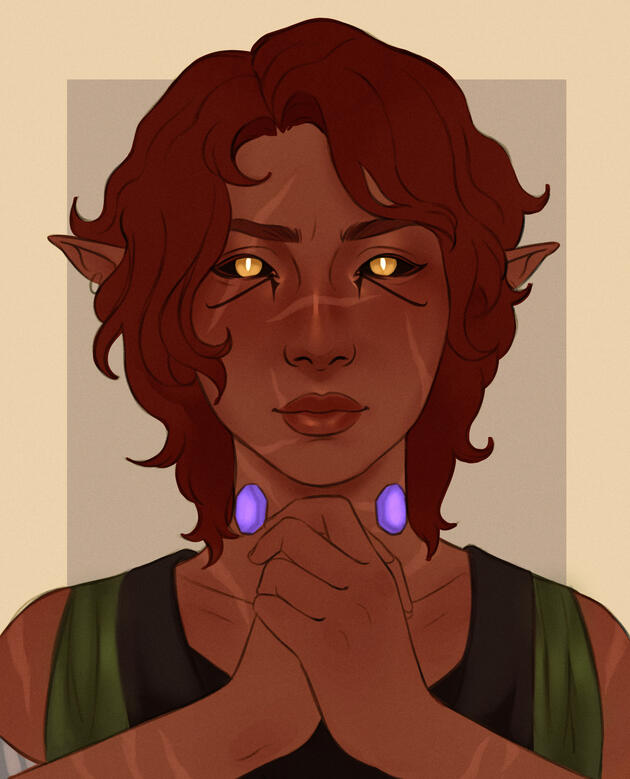 Asaru in the Do No Evil pose, hands clasped together under his chin.