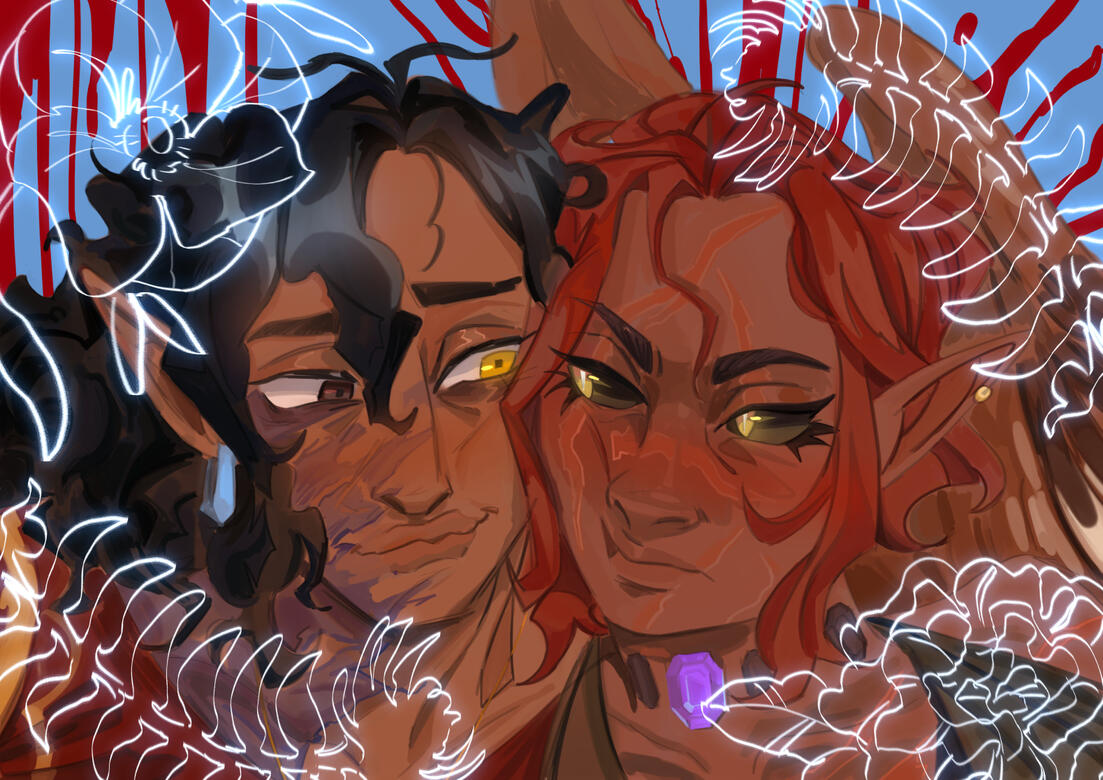Headshot illustration of Asaru and Wren with their cheeks pressed together, surrounded by white flowers and bones atop a blue-red background. Wren is smiling sheepishly at Asru who looks unamused.