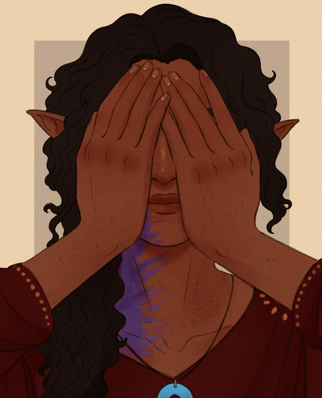 Wren in the See No Evil pose, hands covering his eyes.