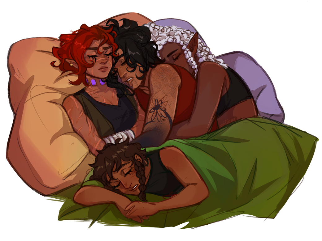 The quartet of Asaru, Wren, Rishé, and Palenisa sleeping on colourful pillows. Asaru looks miffed. Wren clutches him, drooling in his sleep, and Palenisa clutches Wren with her face in his shoulder. Rishé is strewn across all 3 of their laps.
