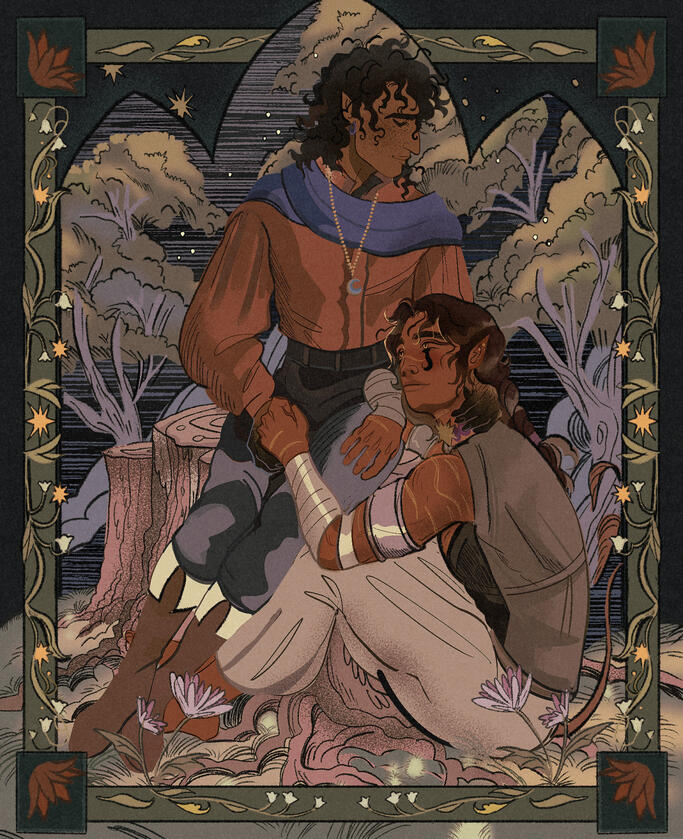 Elaborate illustration of two men, Wren and Asaru, surrounded by a border of leaves and flowers. Wren is a freckled black haired man sitting on a stump. Asaru is a scarred man with long braided hair and a tail looking up at him from the ground.