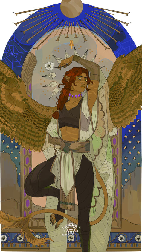 The Fool card featuring Asaru, who is a winged man wearing loose clothing with red hair in a braid and skin covered in scars, holding an anemone flower. The background is filled with ancient Egyptian like motifs and bird skulls.