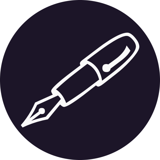Icon of a white ink pen outline in a dark purple circle